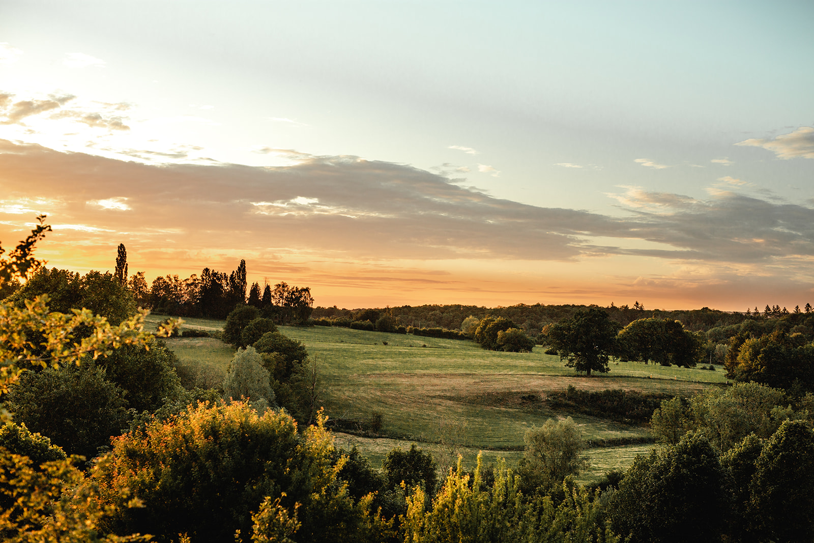 Foto van een veld omgeven door bomen met een zonsondergang